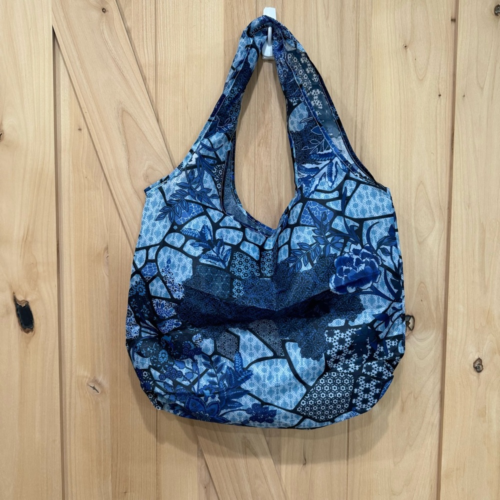 Johnny Was Reusable Nylon Shopping Tote Blue Floral Patchwork - Picture 7 of 13